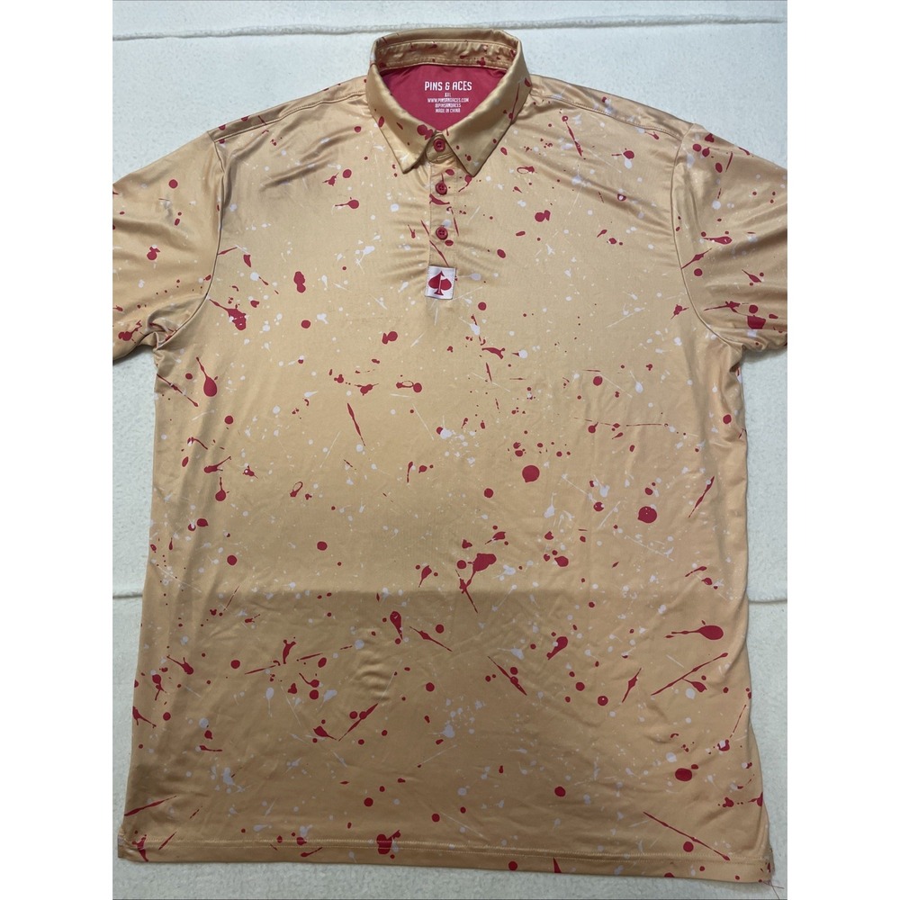 Pins And Aces Polo Shirt Mens Size XXL Golf Paint Splatter Yellow 2XL Stretch
